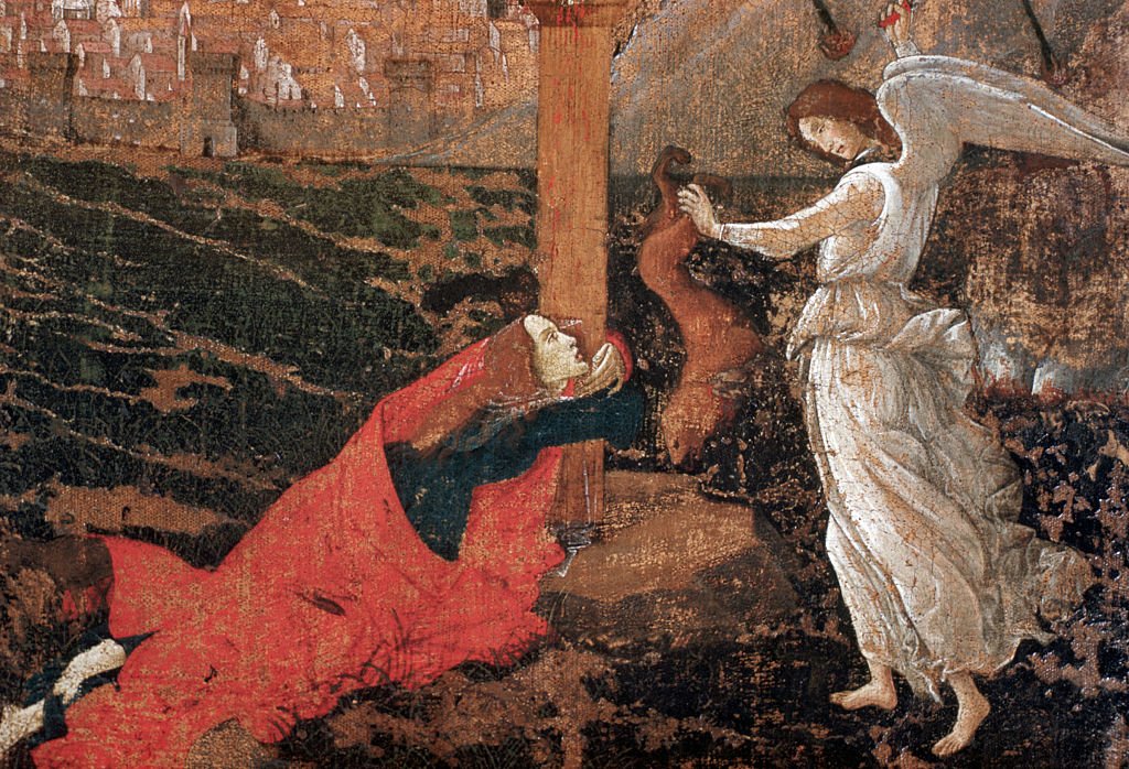 Detalle que muestra a María Magdalena y un ángel matando a un demonio de 
