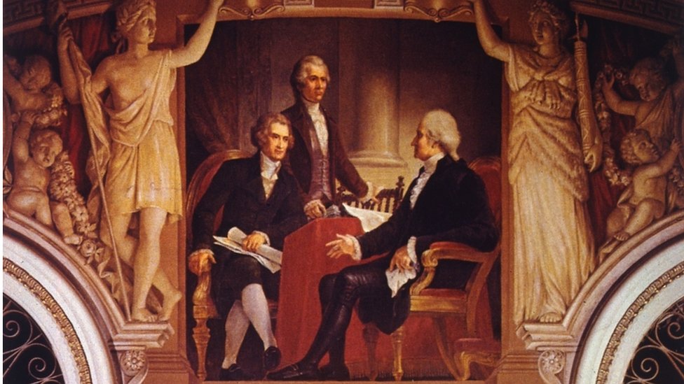 George Washington, Thomas Jefferson y Alexander Hamilton.