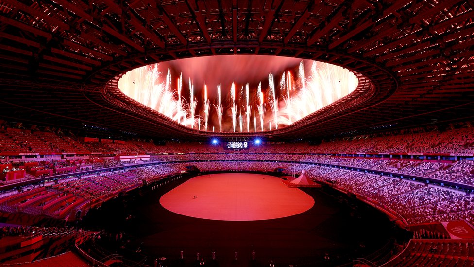 Fireworks explode during the Opening Ceremony of the Tokyo 2020 Olympic Games at Olympic Stadium on July 23, 2021 in Tokyo, Japan.