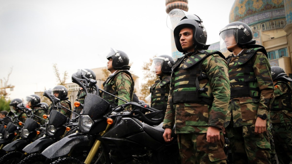 Basij paramilitary volunteers on parade with motorcycles in Tehran, 2022