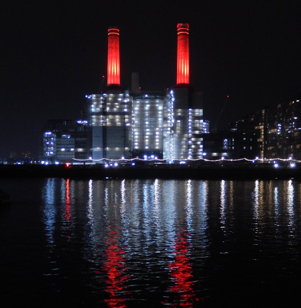 Battersea Power Station lit at night