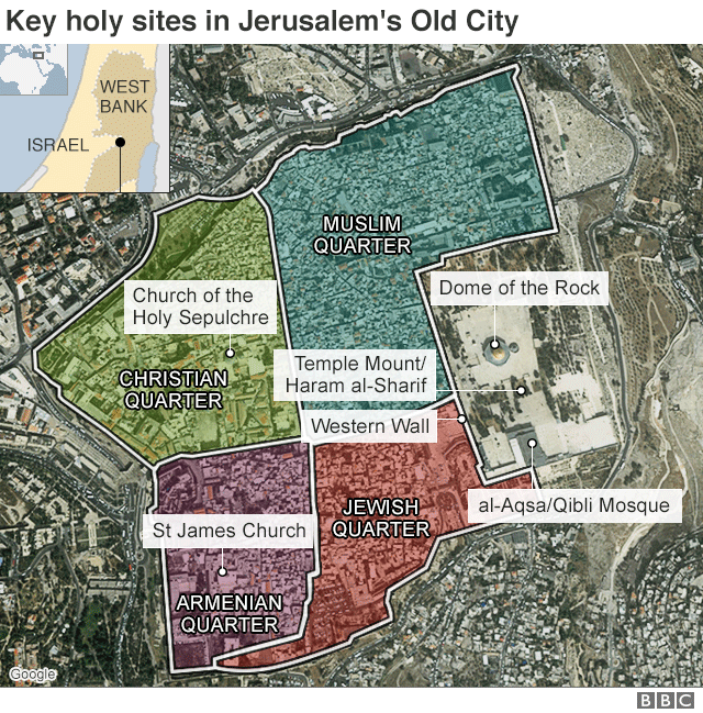 Карта с указанием основных святых мест в Старом городе Иерусалима