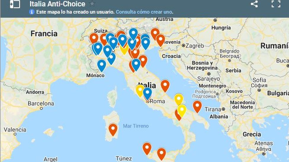 Mapa con los cementerios de fetos en Italia