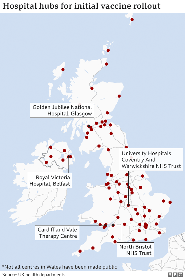 Карта с указанием центров вакцинации больниц в Великобритании