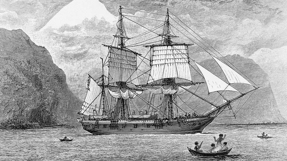 Ilustración del HMS Beagle cruzando el Estrecho de Magallanes.