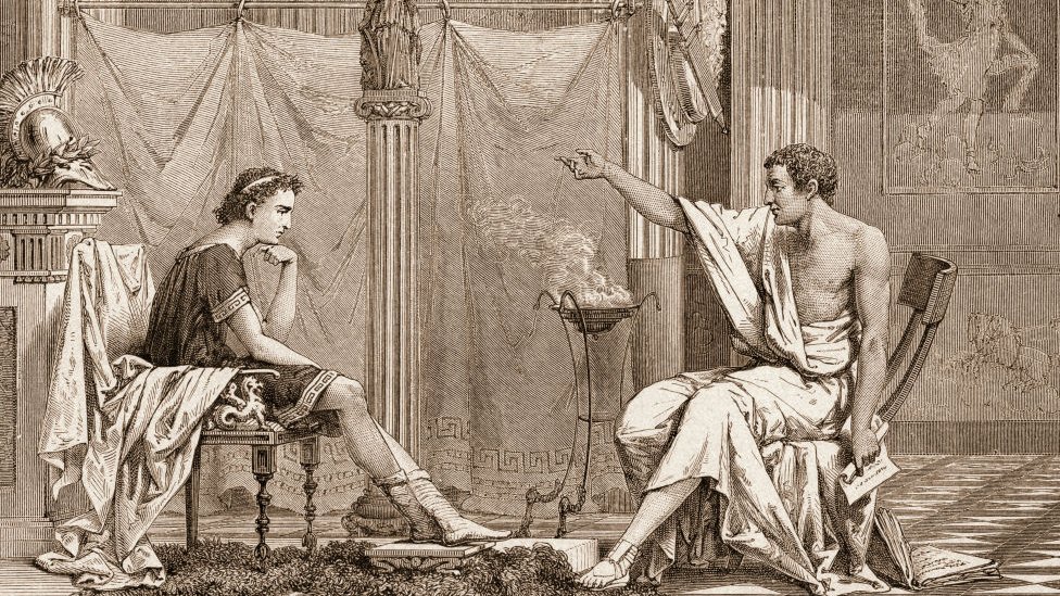 Grabado donde se ve a Aristóteles enseñando a su pupilo, Alejandro Magno.