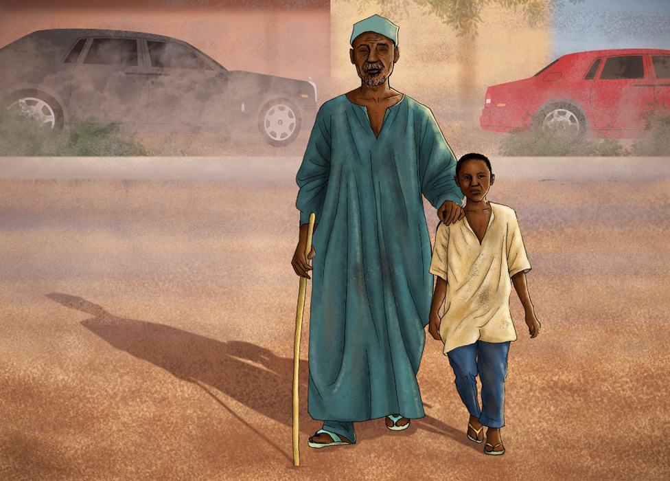 Иллюстрация, на которой Самуэль Абдулрахим изображает мальчика, ведущего слепого нищего