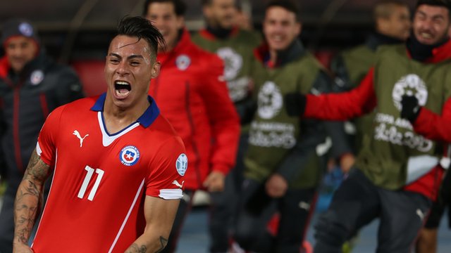Eduardo Vargas celebrates scoring his second goal of Chile's semi-final Copa America win over Peru