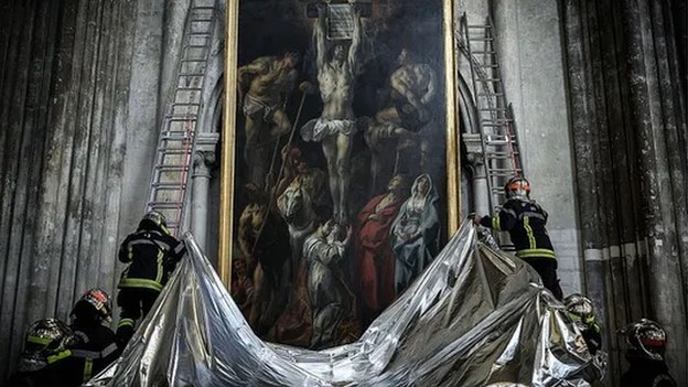 A renaissance painting being covered by firemen on ladders
