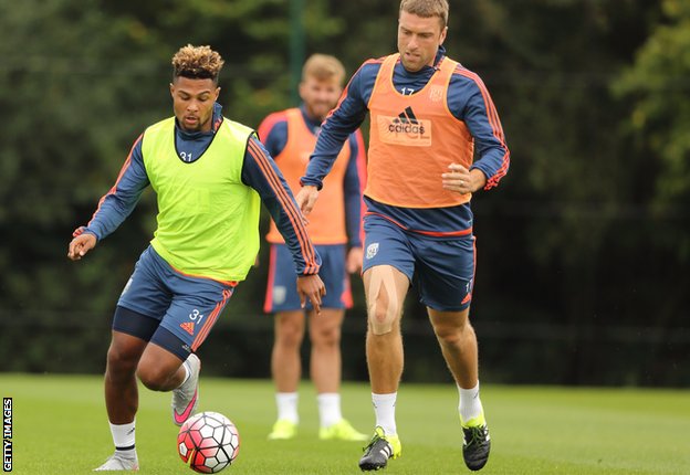Rickie Lambert and Serge Gnabry of West Bromwich Albion during the West Bromwich Albion training session at West Bromwich Albion Training Ground on August 18, 2015 in Walsall, England