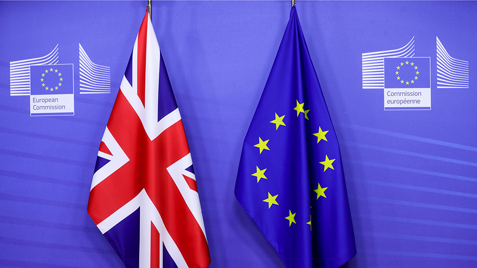 На снимке, сделанном 9 декабря 2020 года, изображены флаги Великобритании и ЕС перед встречей премьер-министра Великобритании по торговому соглашению после Brexit с президентом Европейской комиссии в Брюсселе