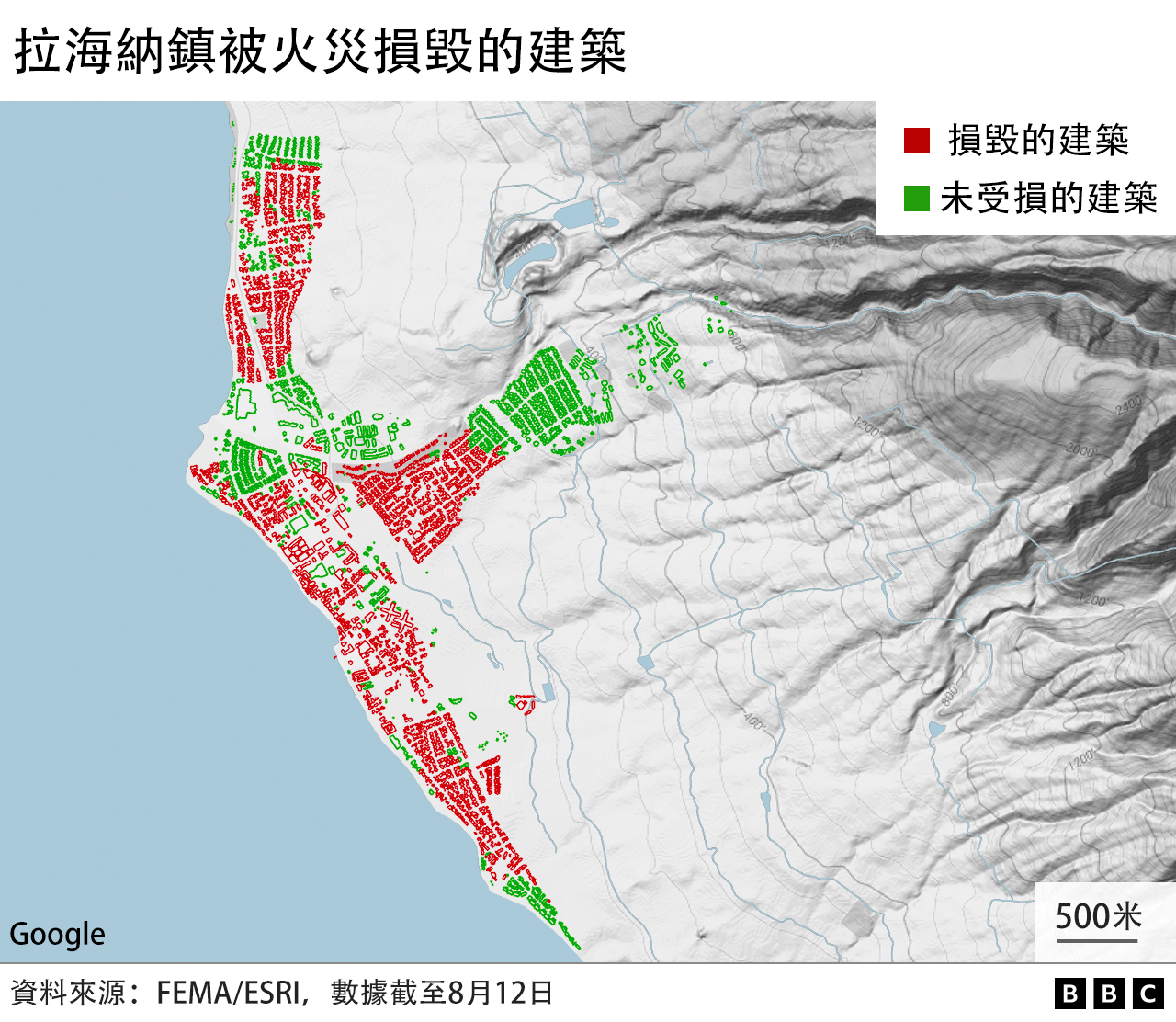 地圖：夏威夷毛伊島拉海納鎮被火災損毀的建築