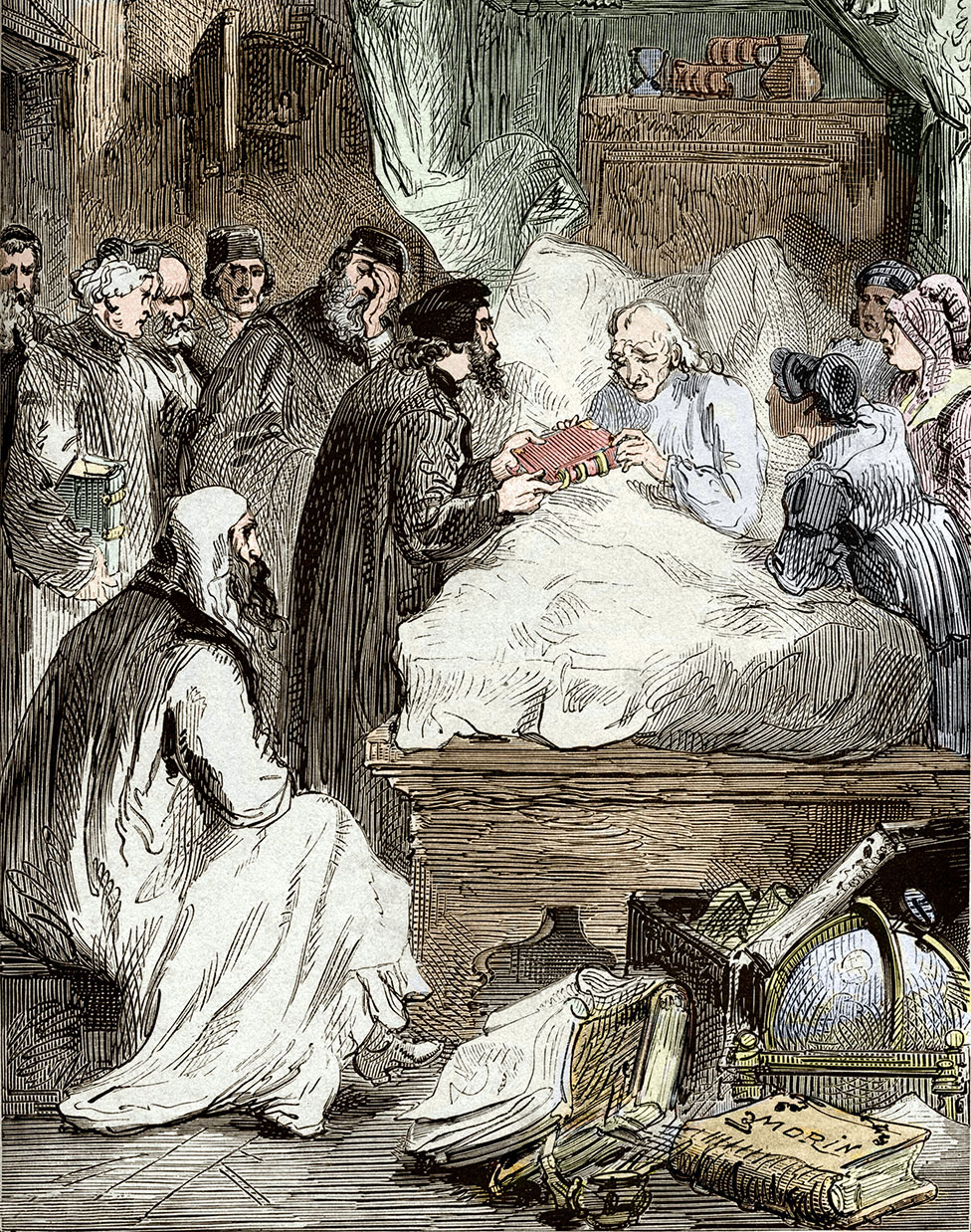 Ilustración Copérnico en su lecho de muerte