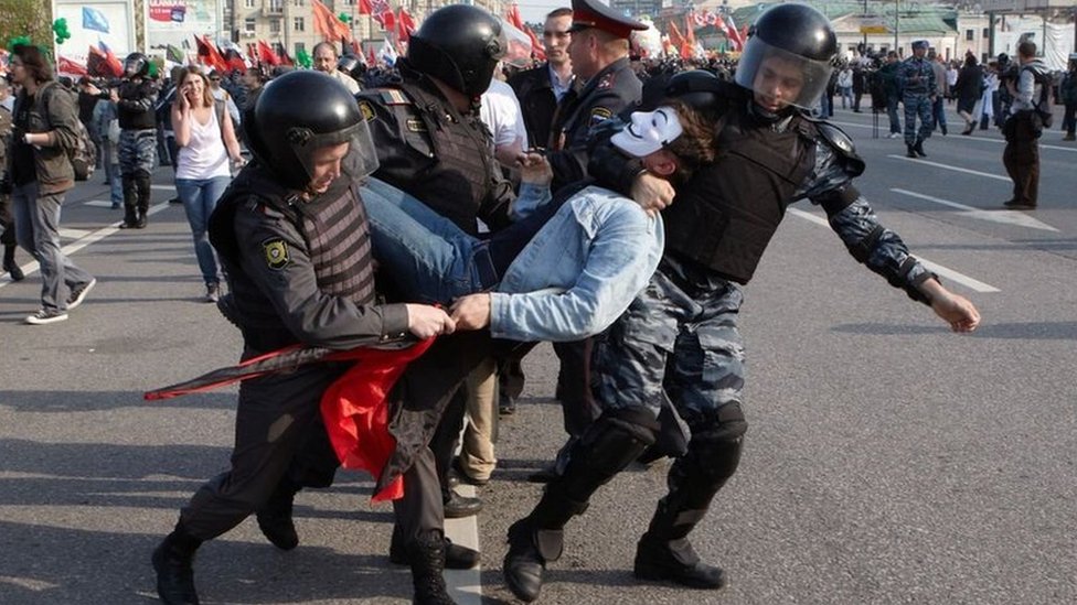Russian Police detain opposition supporters during a 'March of Millions' protest rally against Vladimir Putin's return in Moscow, Russia on May 6, 2012.