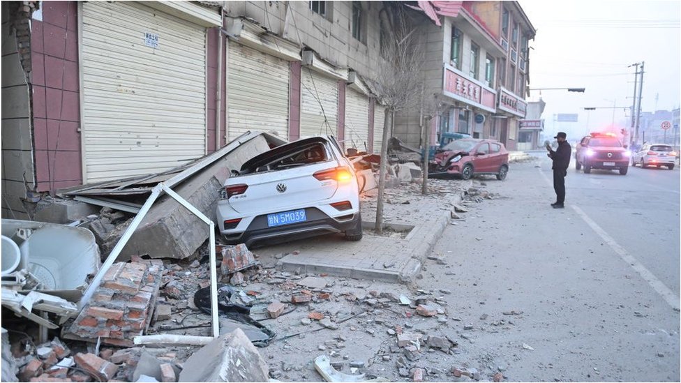 Rubbles from a collapsed building are seen after a 6.2-magnitude earthquake on December 19, 2023 in Jishishan Bonan, Dongxiang and Salar Autonomous County, Linxia Hui Autonomous Prefecture, Gansu Province of China
