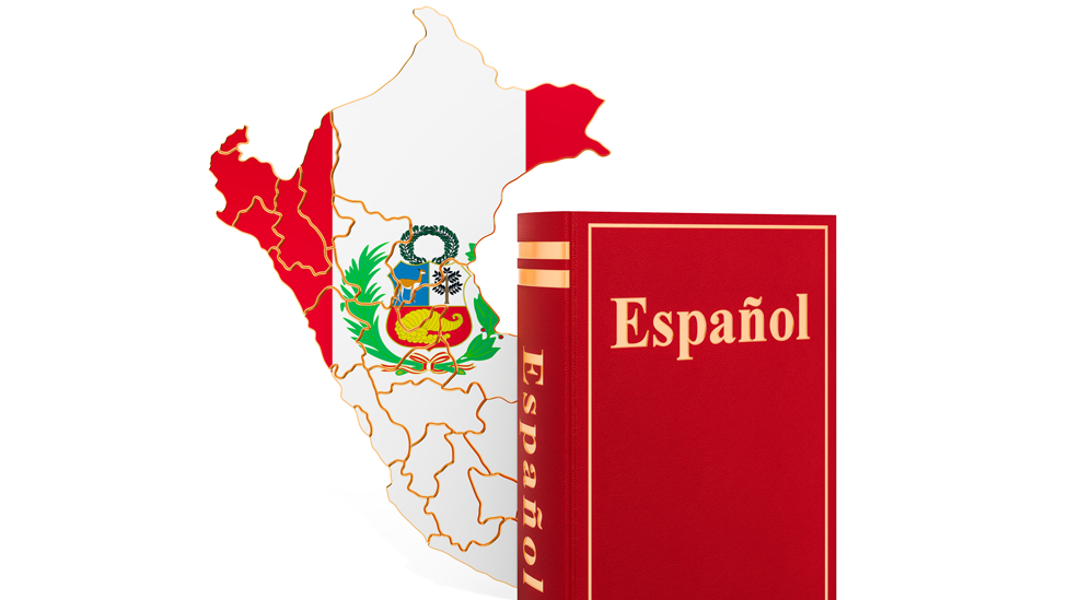 Libro de español y mapa de Perú.