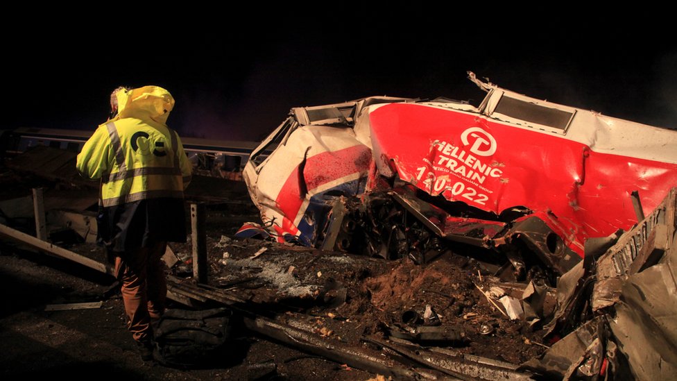 A wrecked train carriage pictured at the scene of the crash where two trains collided near the city of Larissa, Greece