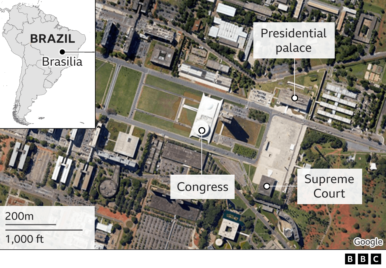 Satellite image showing the location of the Brazilian Congress, Supreme Court and presidential palace