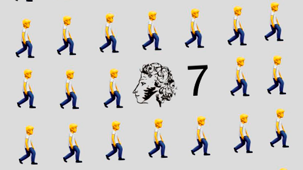 Redovi emodžija ljudi koji hodaju, broj sedam i slika Puškina
