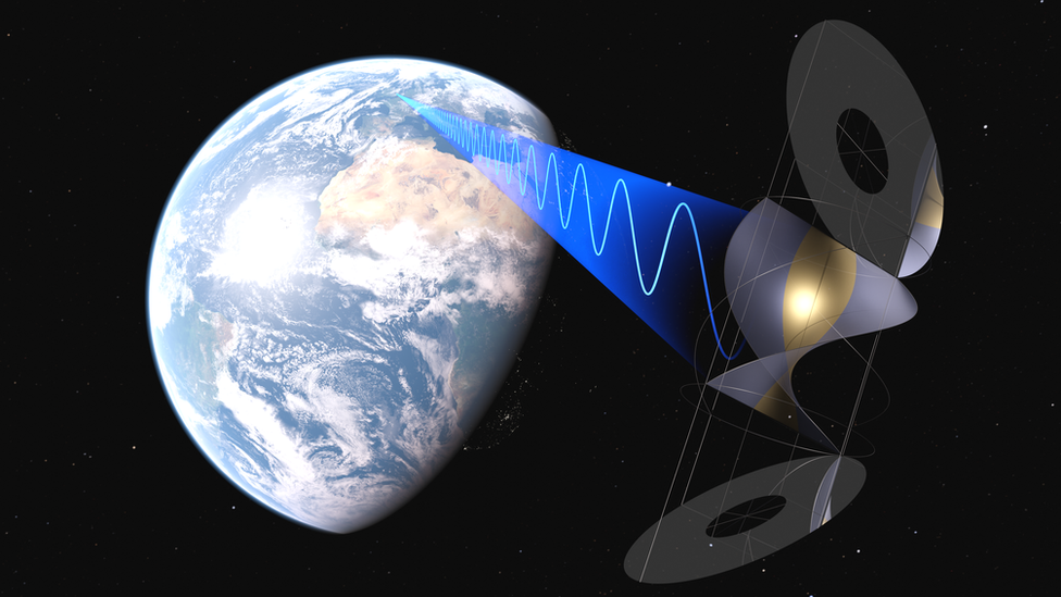 Ilustração colorida mostra satélite mandando feixe de microondas para a terra