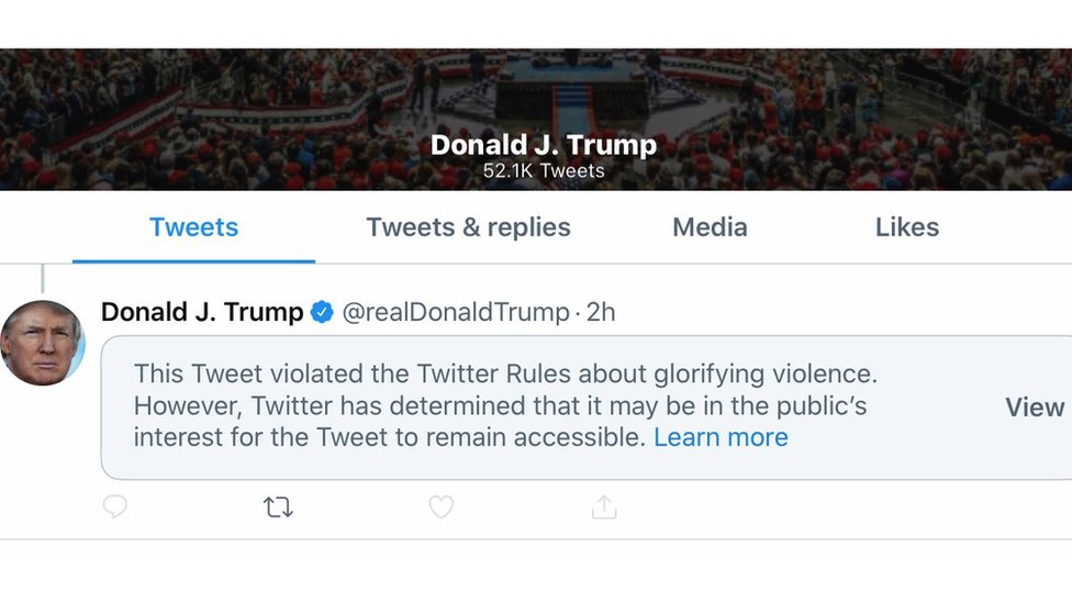 Twitter Hides Trump Tweet For Glorifying Violence Bbc News - etiqueta hackrobux en twitter