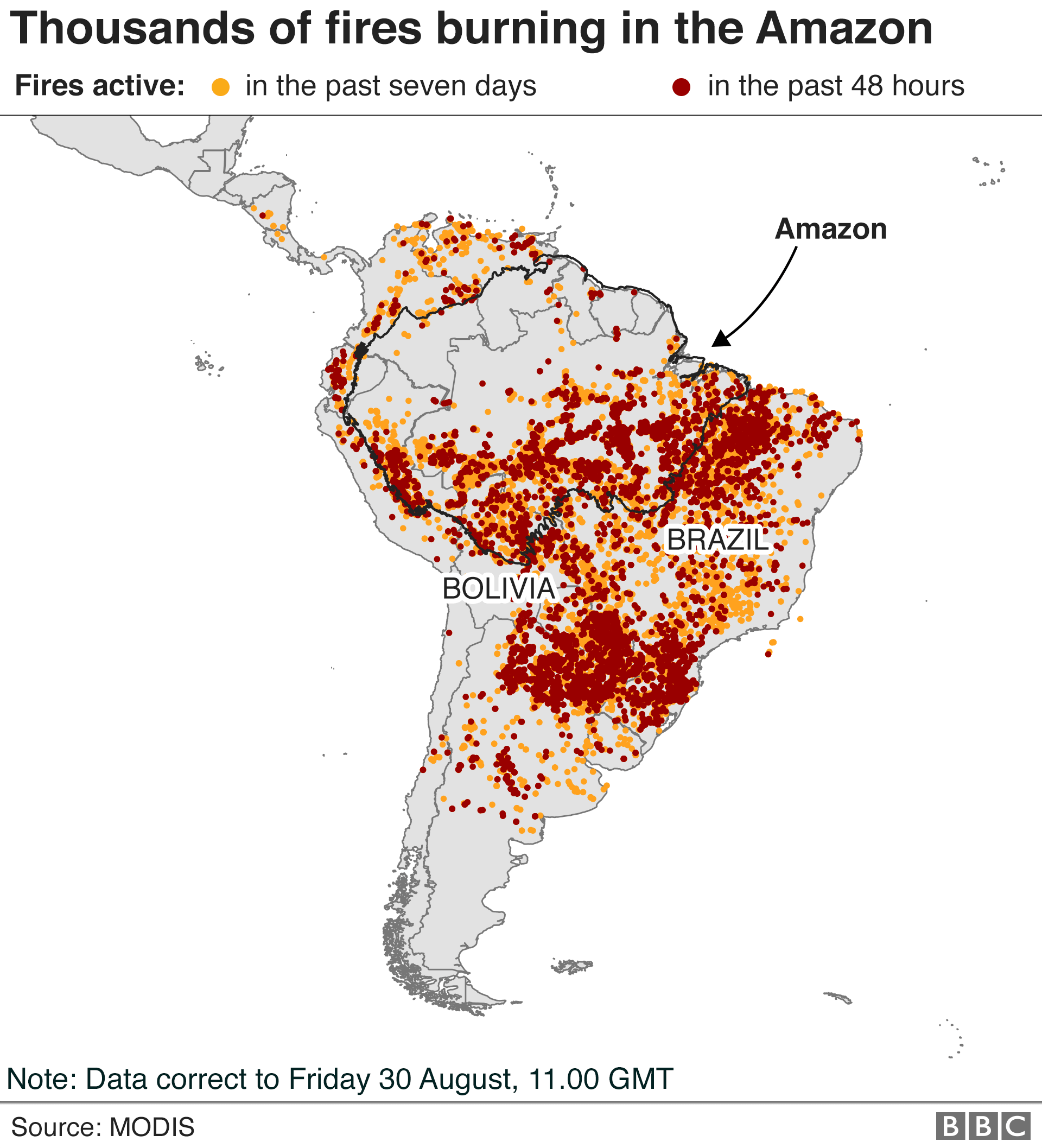 Карта, показывающая активные пожары в Южной Америке