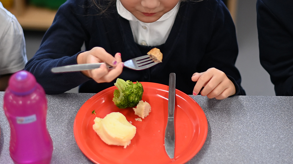 Ребенок ест школьную еду, лицо не показано