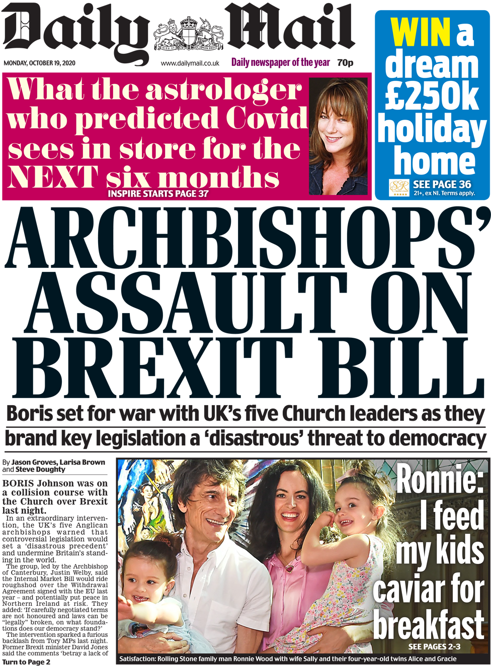 The Daily Mail front page 19 October