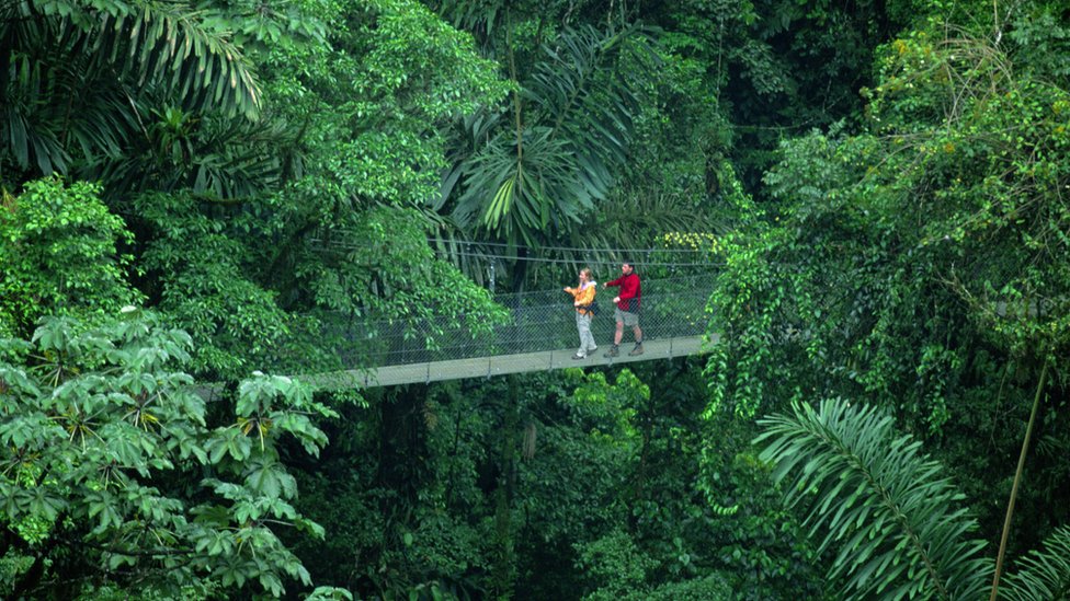 Dos personas caminan sobre un puente colgante en Costa Rica