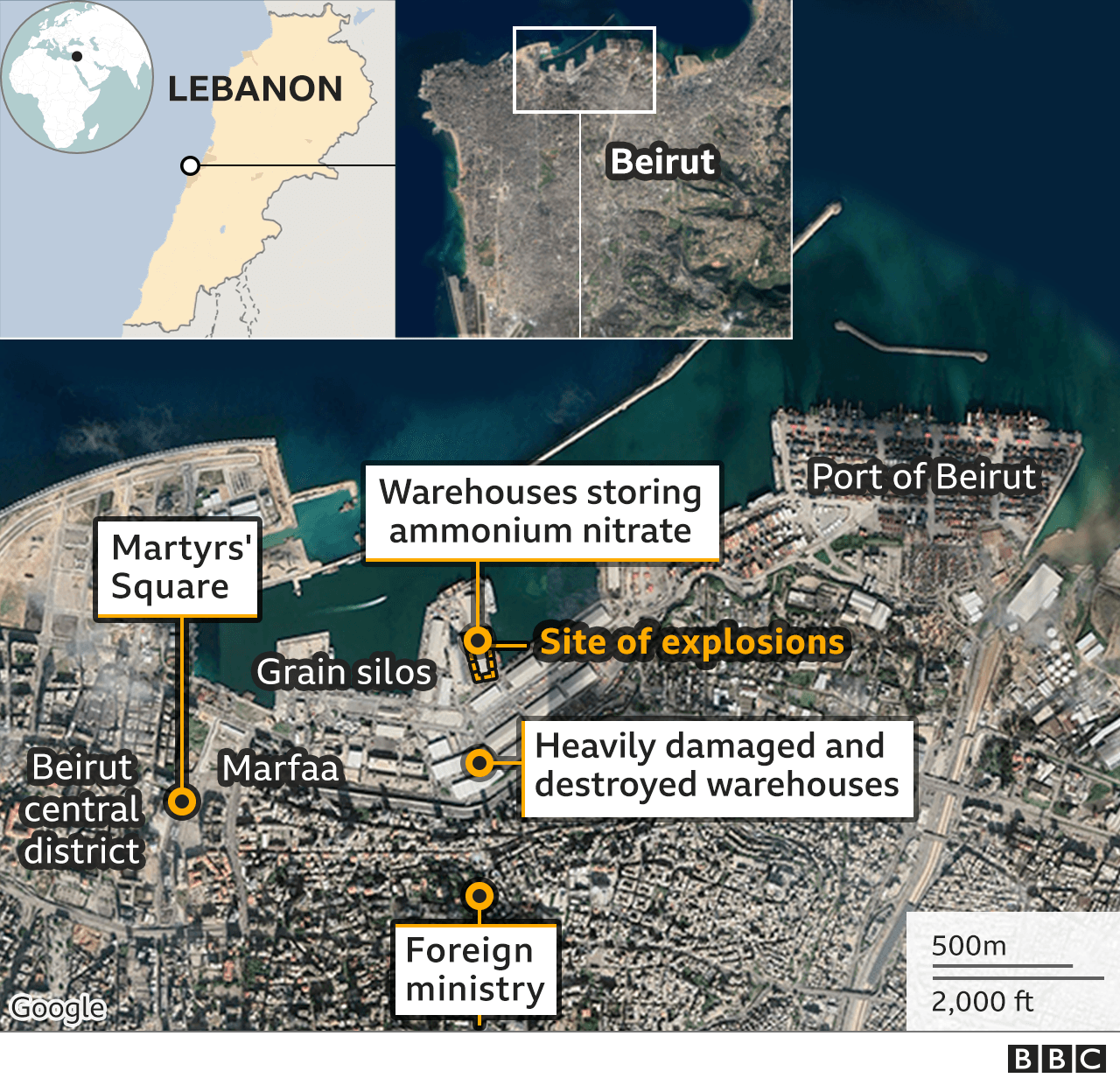 Карта с изображением Бейрута - места взрыва 4 августа, министерства иностранных дел и площади Мучеников