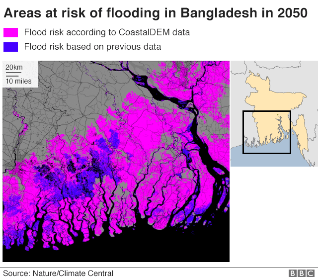 Карта, показывающая риск наводнения в Бангладеш 2050