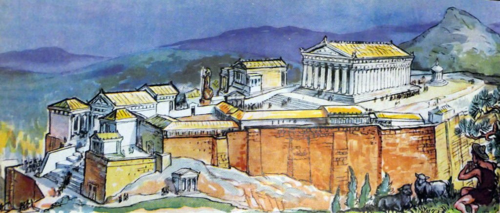 Ilustración de Atenas en el siglo V de enciclopedia infantil