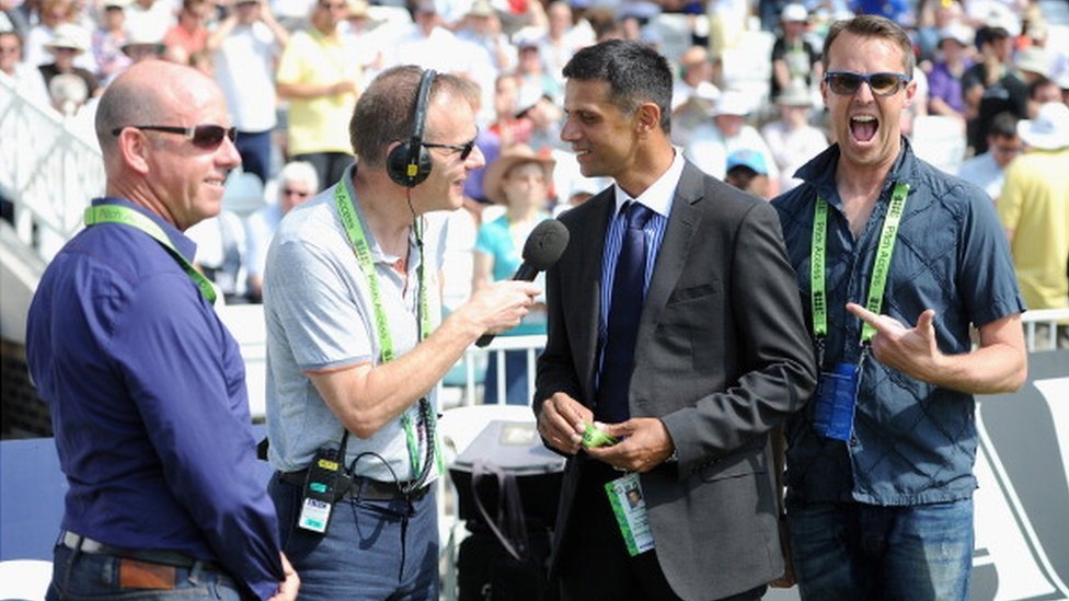 Test Match Special commentators Simon Hughes, Simon Mann, Rahul Dravid and Graeme Swann ahead of day four of 1st Investec Test match between England and India at Trent Bridge on July 12, 2014 in Nottingham, England