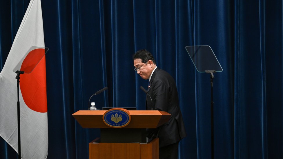 TOKYO, JAPAN - AUGUST 14: Japanese Prime Minister Fumio Kishida finishes a news conference on August 14, 2024 in Tokyo, Japan. Kishida announced his intention to step down after a term marked by various scandals, including the controversial state funeral for former PM Shinzo Abe and the handling of the Unification Church issue. (Photo by Philip Fong-Pool/Getty Images)