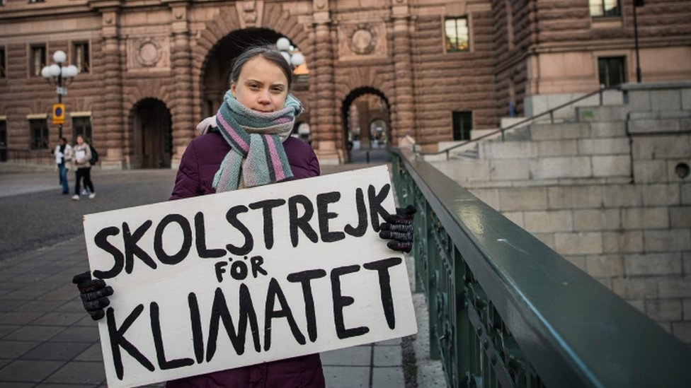 Грета держит знак протеста перед зданием шведского парламента