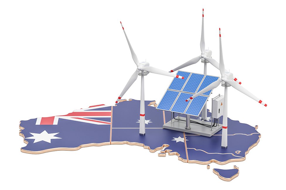 Mapa da Austrália com painéis solares e moinhos de vento