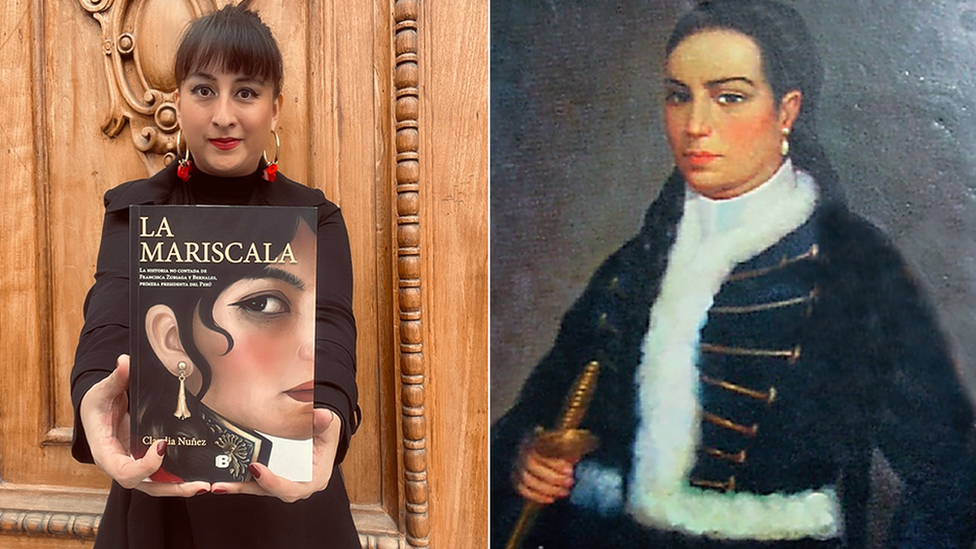Claudia Nuñez con su libro "La Mariscala" y retrato de Francisca Zubiaga y Bernales.