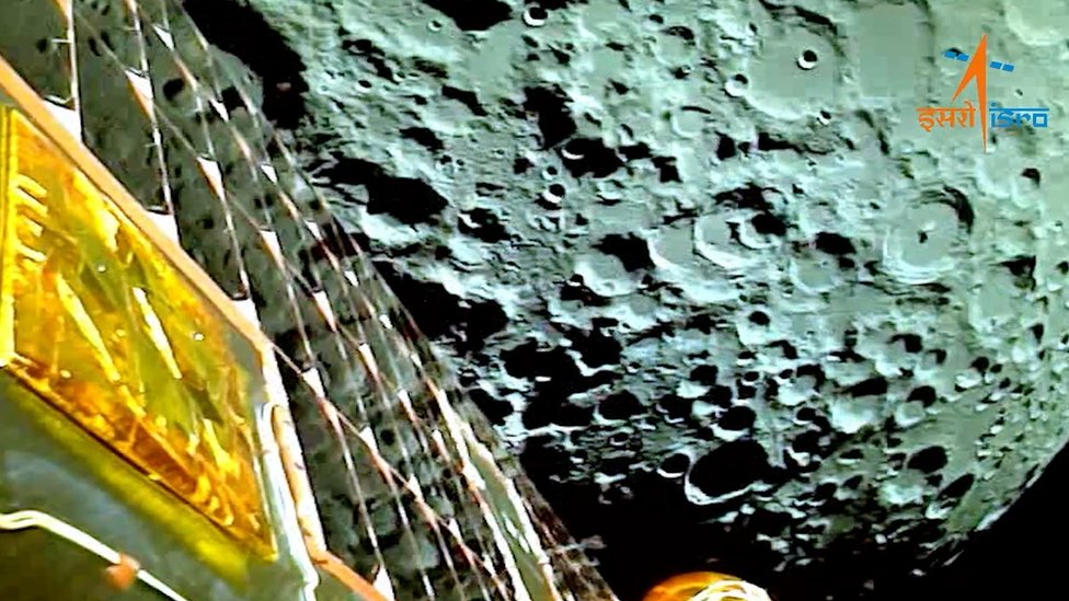 An image released by Isro of the Moon's surface taken by Chandrayaan-3