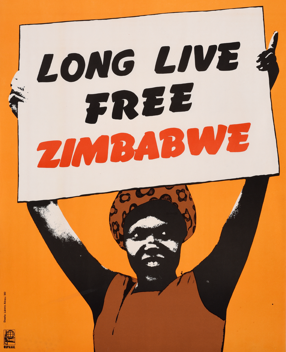 Плакат Ospaaal под названием «Да здравствует свободная Зимбабве», 1980 год, на котором изображена женщина, держащая плакат с этой фразой