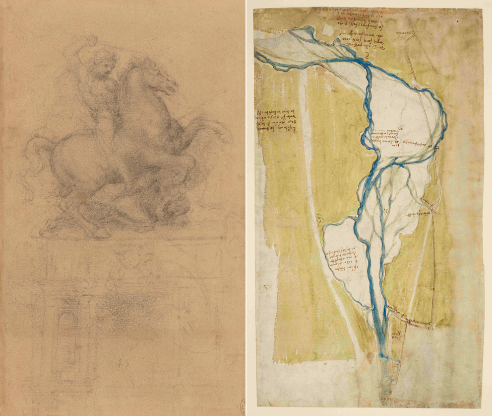 Эскиз конного памятника (слева) и карта Леонардо Арно к западу от Флоренции
