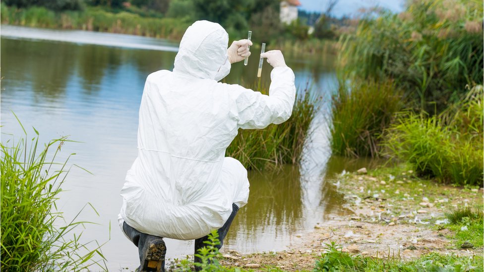 Человек держит образцы воды рядом с озером