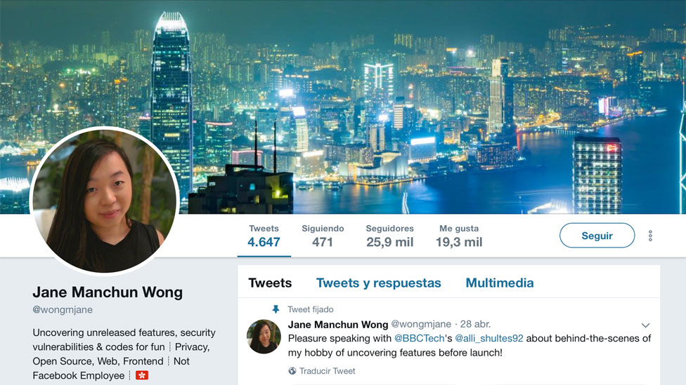 Perfil en Twitter de Jane Wong
