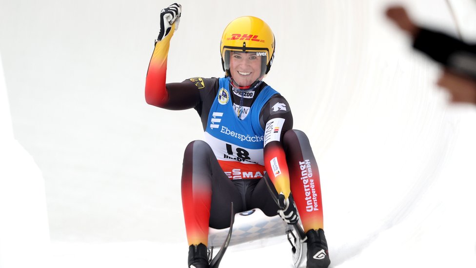 Natalie Geisenberger of Germany celebrates after the 2nd run during the FIL Luge World Cup at Olympia-Rodelbahn on November 29, 2020 in Innsbruck, Austria