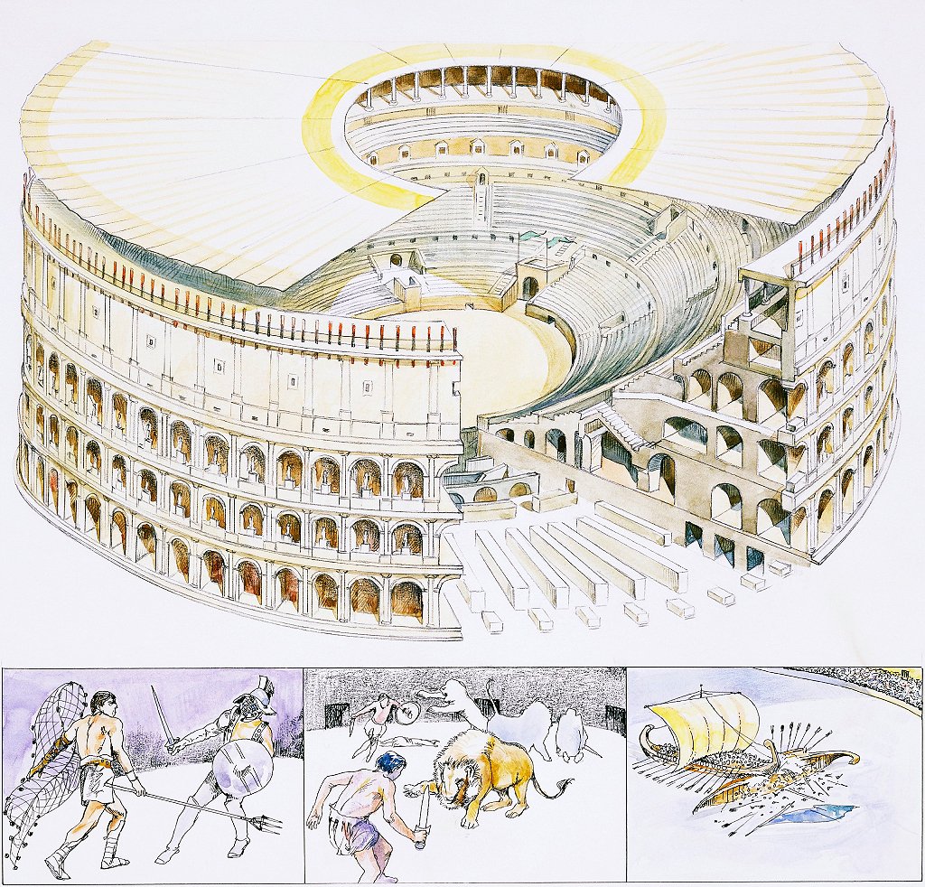 El Coliseo de Roma reconstruido, con representaciones de combates de gladiadores o 'munera', de gladiadores y animales o 'venationes' y navales o 'naumachiae'.