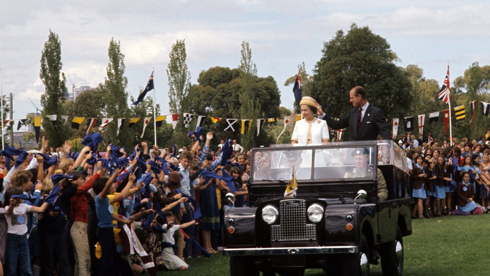 La reina y duque de Edimburgo en Melbourne, 1977
