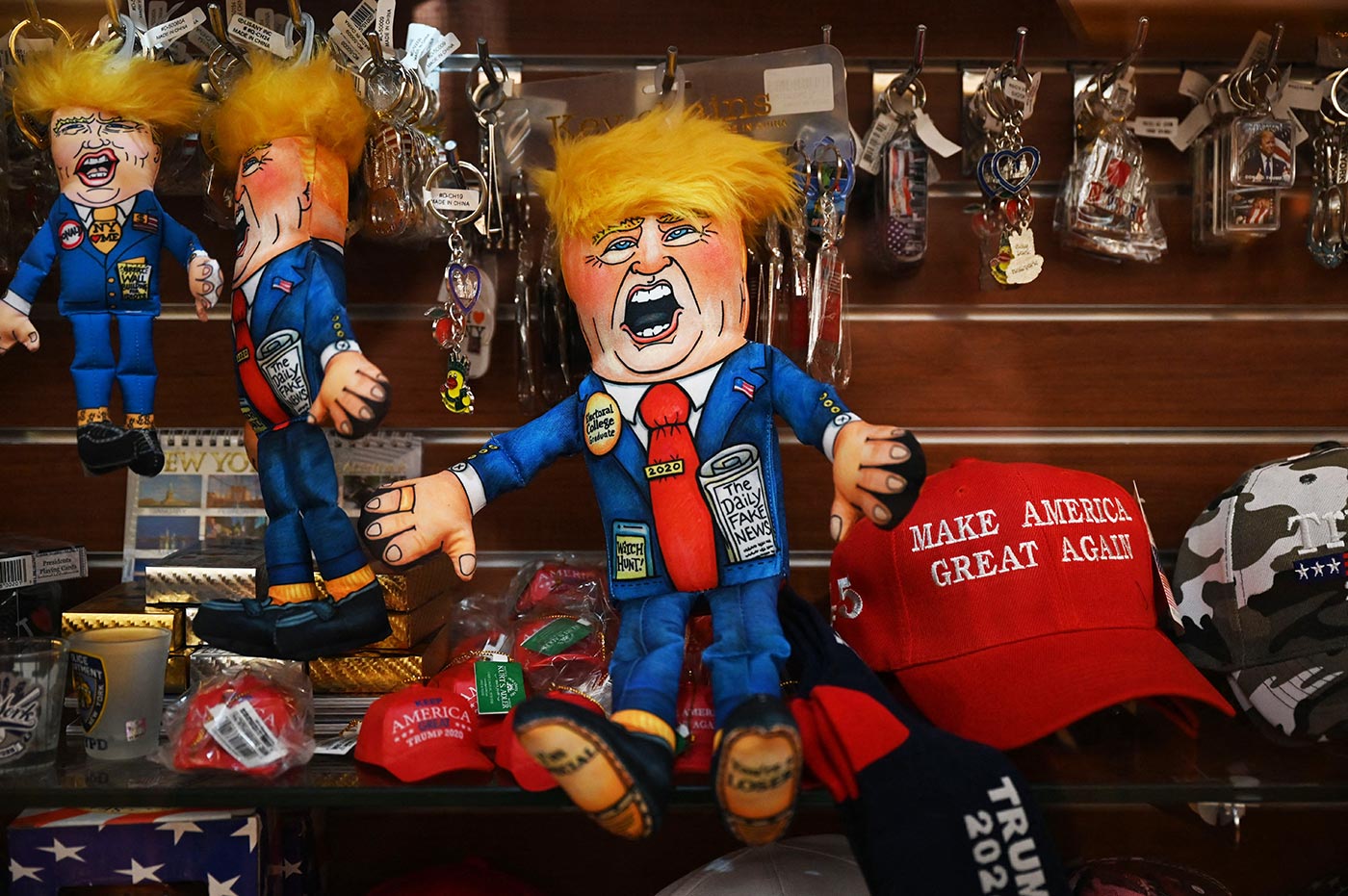 A Donald Trump doll on sale in the Trump Tower gift shop on 3 April 2023 