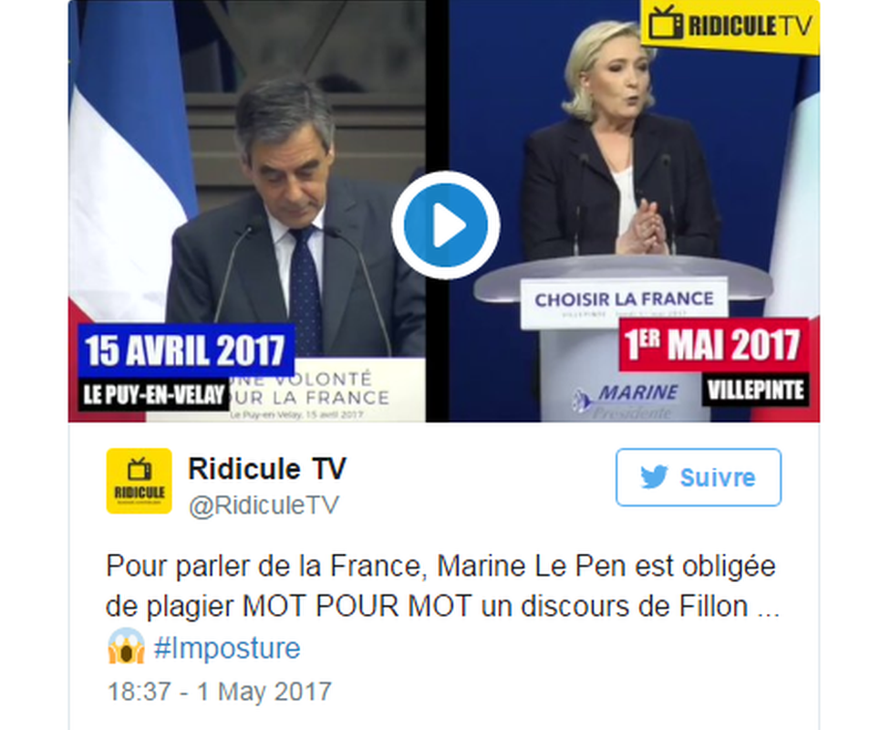 Ridicule TV dijo que al "hablar sobre Francia, Marine Le Pen había tenido que plagiar palabra por palabra del discurso de Fillon". Discursos de Fillon y Le Pen presentados por Ridicule TV