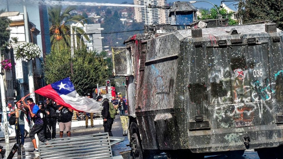 Un manifestante protestando con la bandera chilena junto a un carro lanza agua.