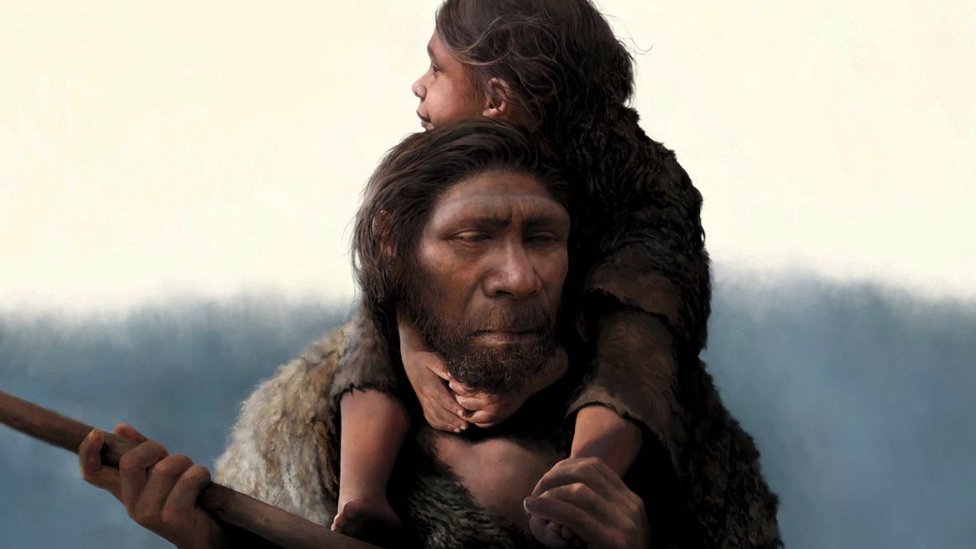 A Neanderthal man with his daughter on his shoulders