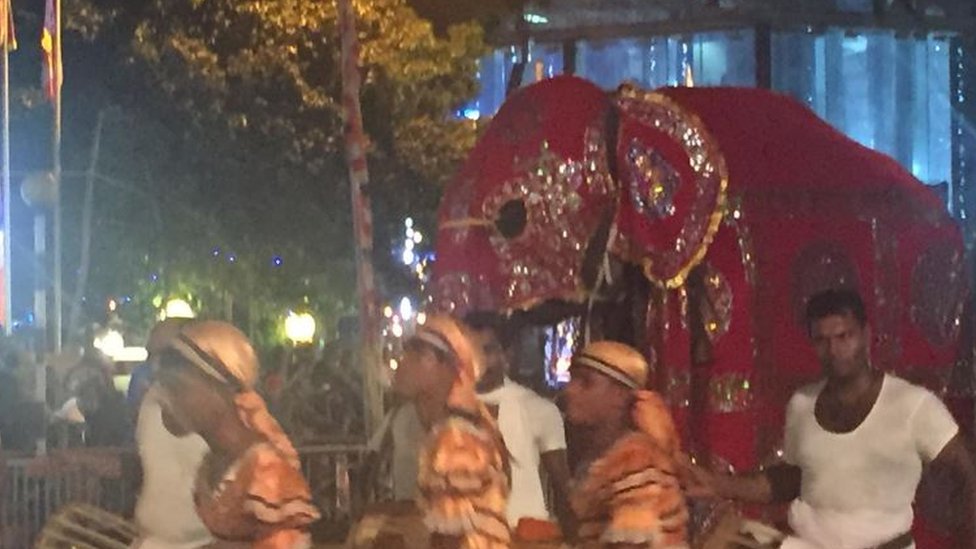 A decorated elephant surrounded by a dancing troupe in Colombo, Sri Lanka